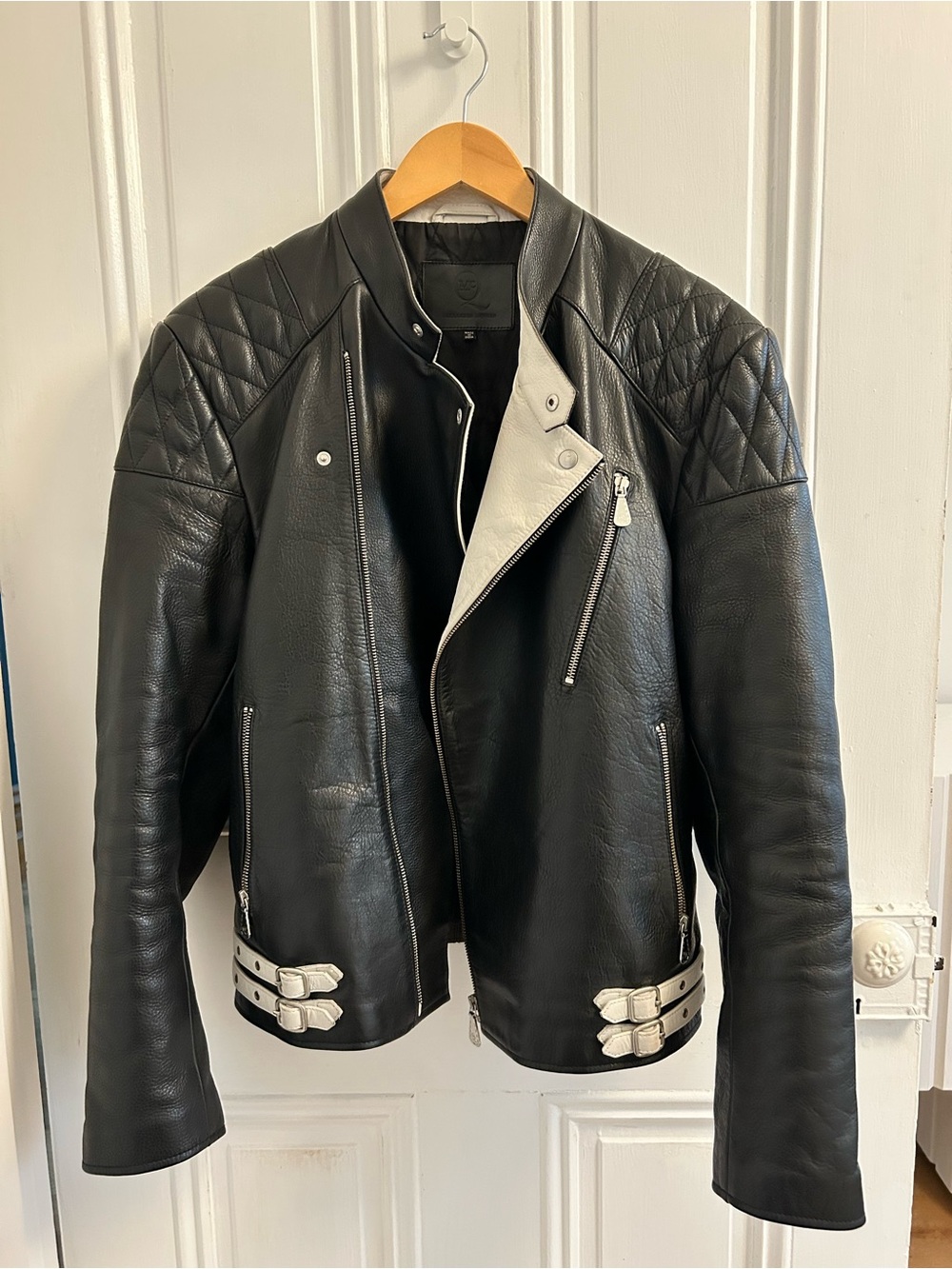 Alexander McQueen Black Leather Biker Jacket with White Accents